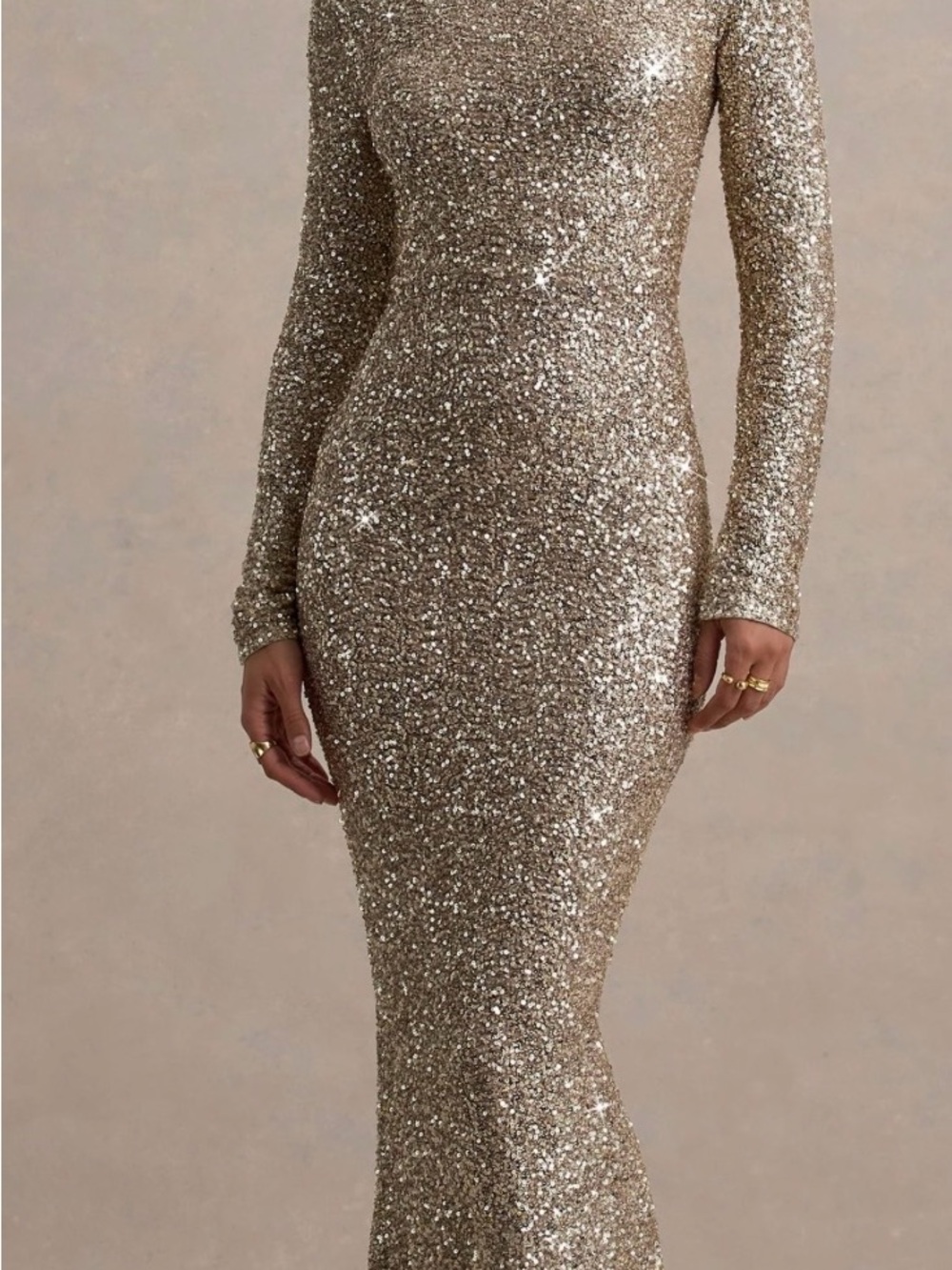 Long-Sleeve Sequin Evening Gown in Gold
